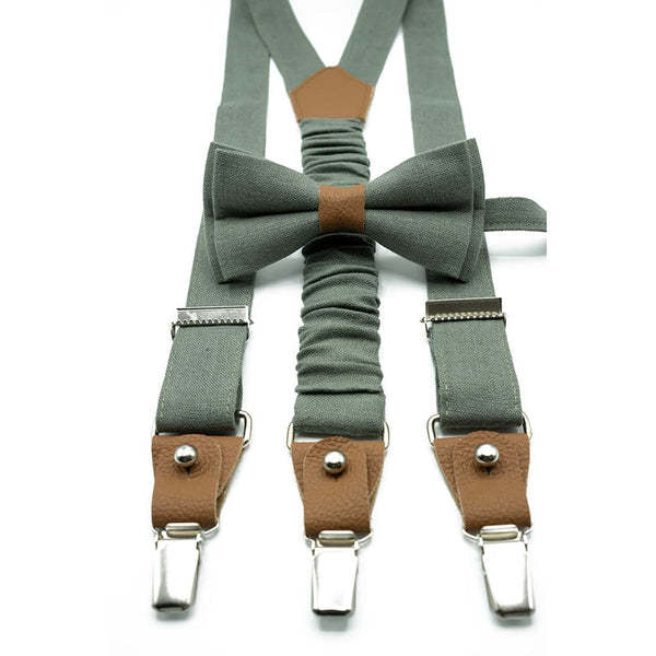 Eucalyptus Bow Tie and Suspender Set - Timeless Groomsmen Accessories - Optional Pocket Square