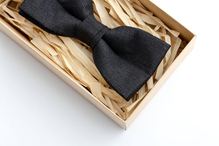 Handcrafted Black Linen Bow Tie for Men - Timeless and Versatile Style Accessory