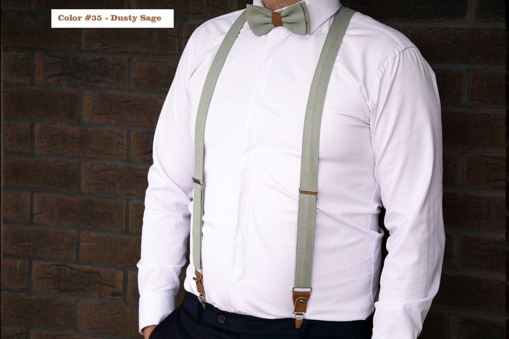 Dusty Sage Green Groomsmen Set: Wedding Suspenders, Bow Ties & Pocket Squares