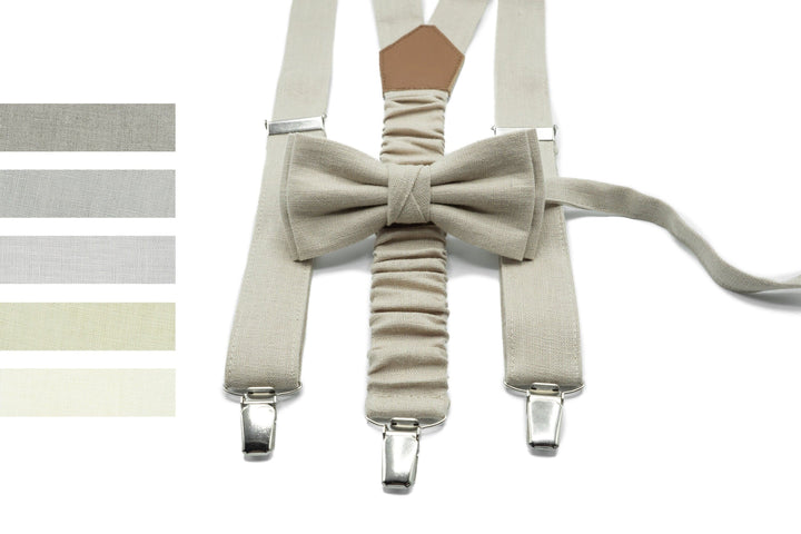 Beige Bow Tie and Suspender Set - Groom's Bow Tie, Beige Suspender - Perfect for Weddings and Special Occasions