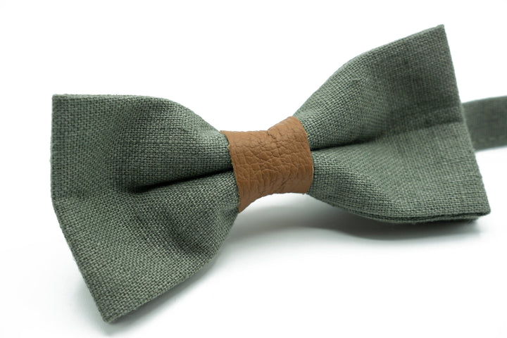 Handmade Eucalyptus Green Linen Bow Tie and Suspenders Set - For Men, Boys and Children - Perfect for Weddings and Special Occasions