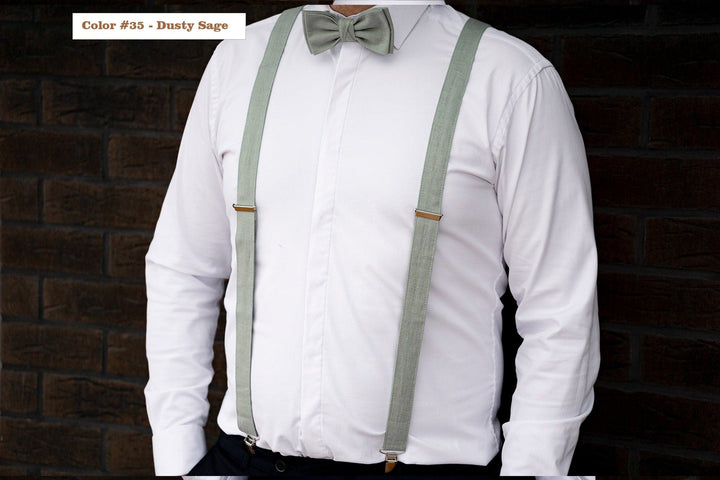 Eucalyptus Groomsman Bowtie & Suspender Set - Sage Green Bow Tie and Suspenders for Men and Boys, Ideal for Weddings