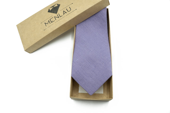 Menlau Elegant Linen Lavender Necktie displayed in an open Menlau branded box.