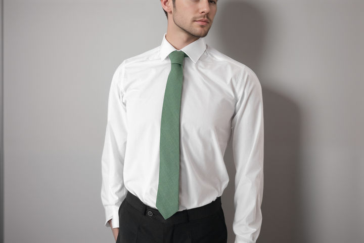 Model wearing Dark Sage Green Necktie with white shirt and black trousers