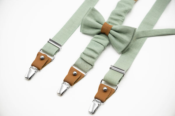 Bretelles et nœud papillon en lin vert sauge foncé faits à la main - Accessoires réglables et élégants pour les mariages et les événements formels