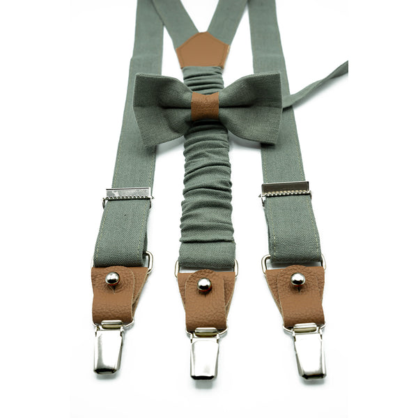 Handmade Eucalyptus Green Linen Bow Tie and Suspenders Set - For Men, Boys and Children - Perfect for Weddings and Special Occasions