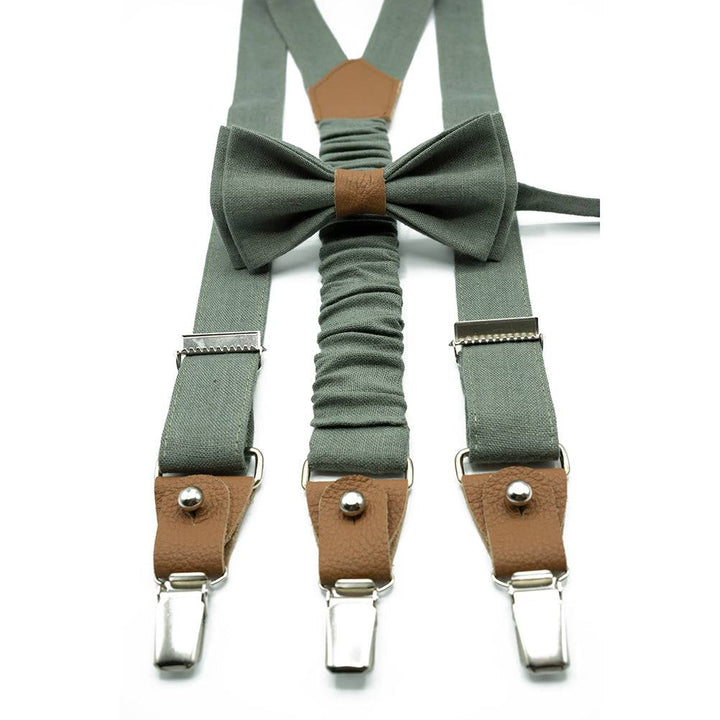 Eucalyptus Groomsman Bowtie and Suspender Set, Sage Groom Bowtie with Pocket Square, Handkerchief Hankie for Adults and Boys