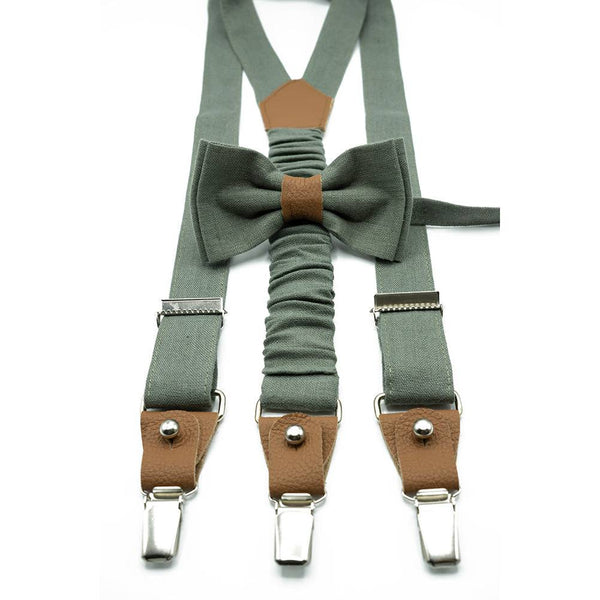 Eucalyptus Mens Suspenders and Bow Tie Set, Groomsman Bowtie, Sage Groom Braces for Adults and Boys