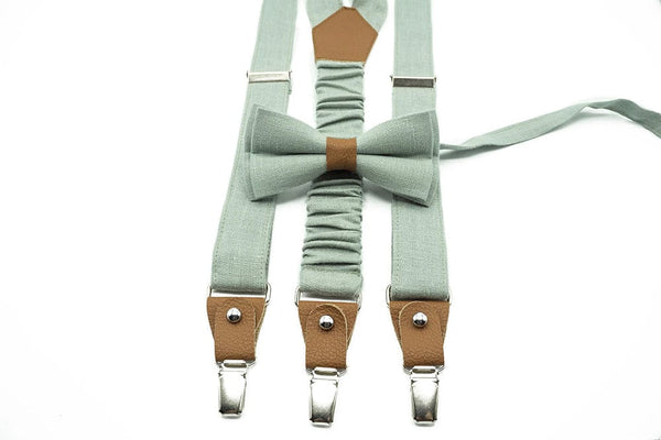 Accessoires pour mariés et garçons d'honneur vert sauge : cravates, nœuds papillon, bretelles et bretelles