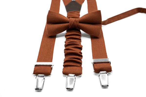 Matching terracotta bow tie and suspenders set, stylish choice for wedding attire