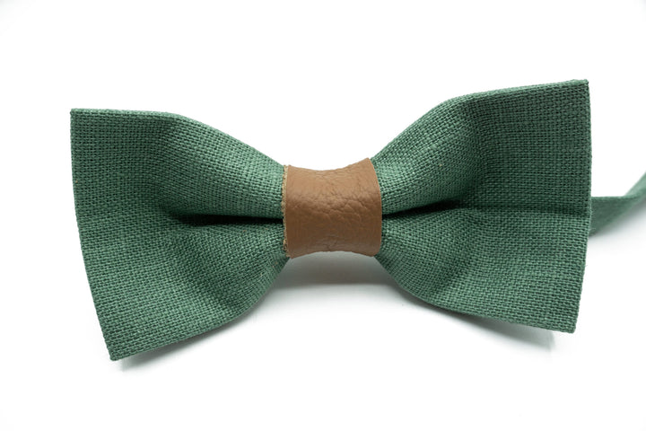 Handmade Sage Green Bow Ties with Leather Center - Perfect for Weddings, Groomsmen, and Special Occasions