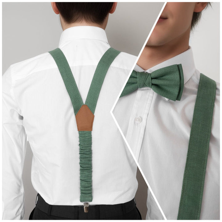 Collage of sage green linen suspenders and bow tie set, highlighting the accessory&#39;s features and style on a white background.