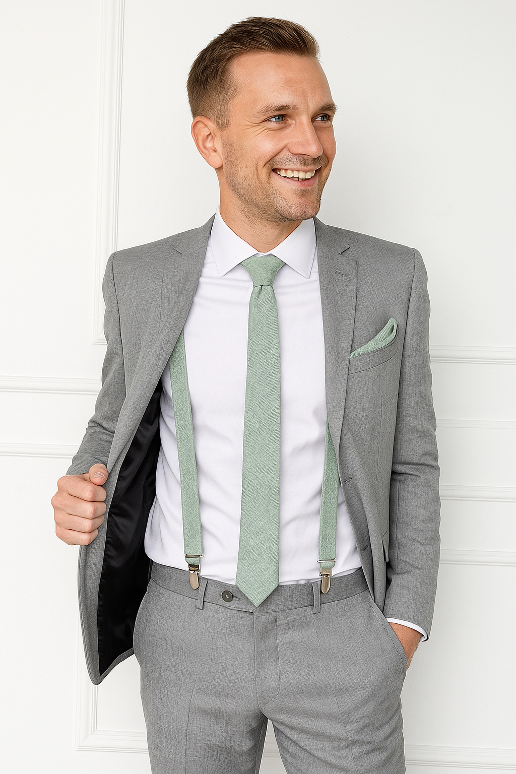 Model wearing dusy sage green necktie with suspenders
