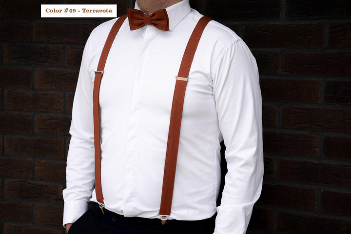 Rust colored bow tie for men Linen Pre-tied Adjustable Solid Color Bow Tie