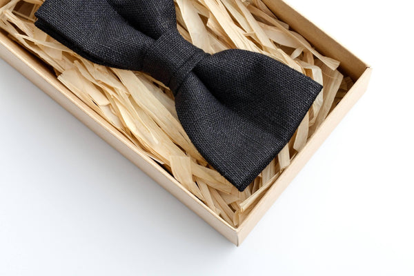 Handcrafted Black Linen Bow Tie for Men - Timeless and Versatile Style Accessory