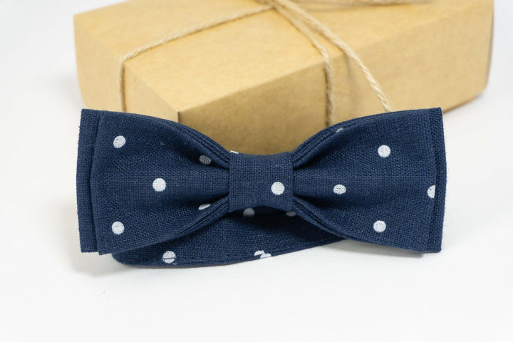 Blue polka dot slim wedding bow ties for groomsmen