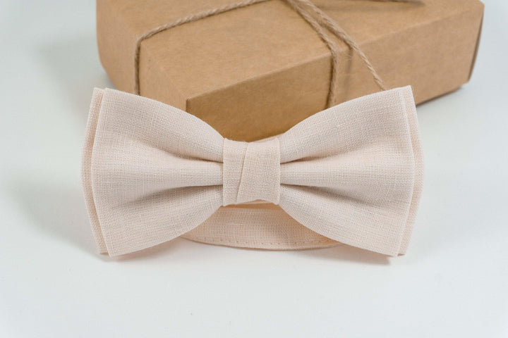 Blush peach groomsmen bow tie for weddings | Ring bearer bow tie can be matched with linen pocket square