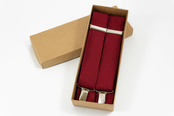 BURGUNDY RED Y-back wedding suspenders for groomsmen and groom - Dark red linen braces for men and boys
