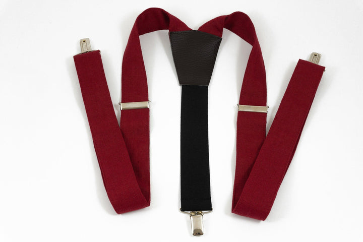 BURGUNDY RED Y-back wedding suspenders for groomsmen and groom - Dark red linen braces for men and boys