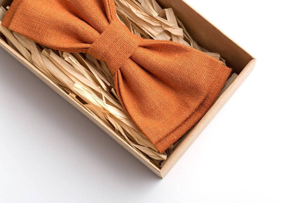 Burnt Orange Linen Men's Bow Tie - Elegant Accessory for Weddings