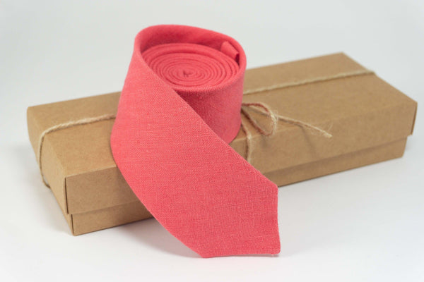 Coral linen necktie | Coral wedding ties for groomsmen proposal gift
