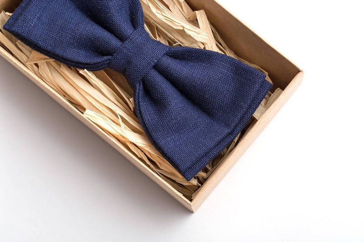 Dark Blue Natural Baltic Linen Bow Tie - Versatile Accessory for Weddings and Formal Events