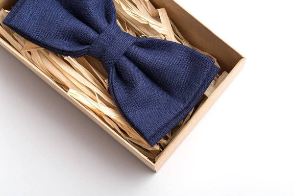 Dark Blue Natural Baltic Linen Bow Tie - Versatile Accessory for Weddings and Formal Events
