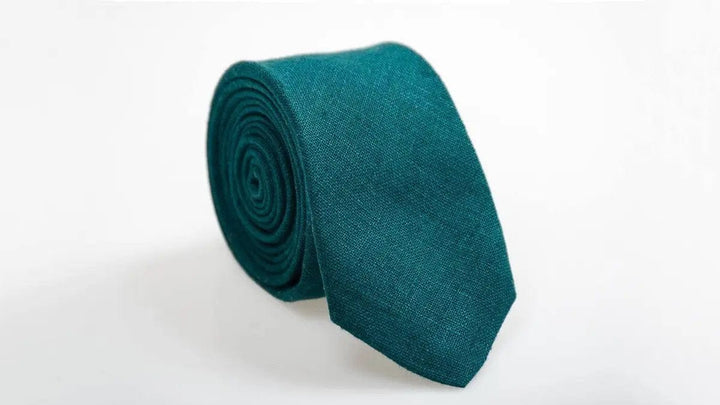 Teal Green Linen Tie - Men's Skinny Necktie Perfect for Weddings