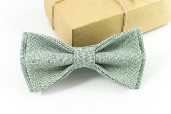 Dusty Sage Green Linen Bow Tie & Pocket Square Set