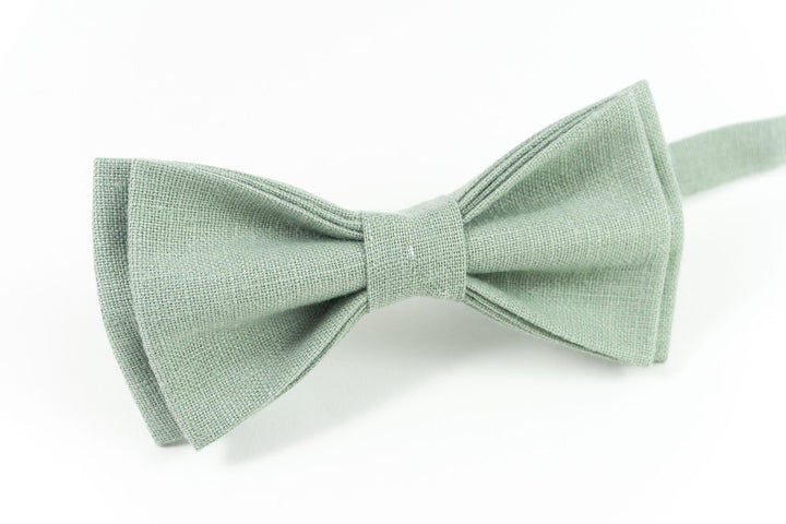 Dusty sage green linen pre-tied bow tie available with matching sage green pocket square