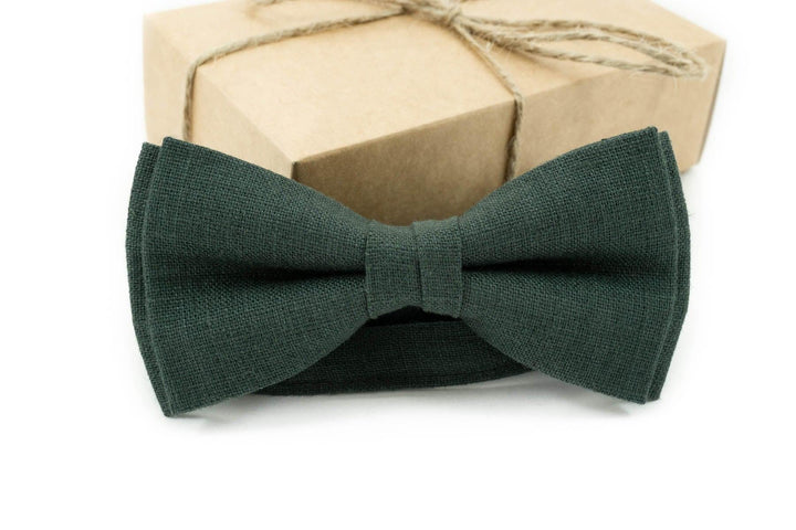 Forest Green Bow Tie for Mens and Kids Pre-Tied Dark Green Handmade Bow Tie Linen