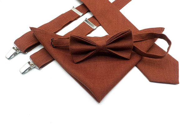 Groomsmen Bow Tie Set - Handmade Rust Terracotta Bow Tie and Pocket Square