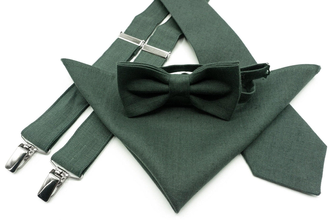 Wedding Linen Necktie and Hanky in Dark Forest Green