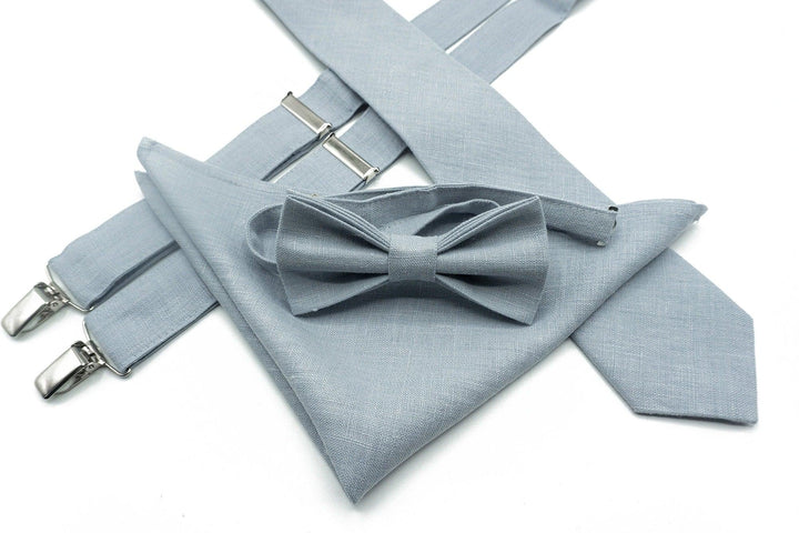 Dusty Blue Bow Tie, Suspenders, Necktie, and Pocket Square Set