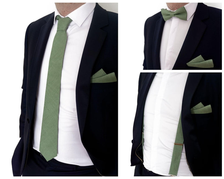 Sage Green Linen Tie Set with Pocket Square and Suspenders
