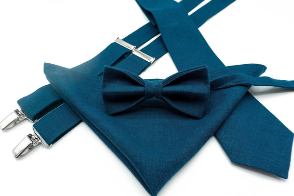 Marine Blue Skinny Tie Set with Pocket Square and Suspenders