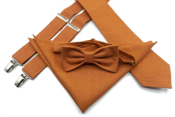 Burnt Orange Linen Bow Tie Set for Rustic Wedding Groomsmen