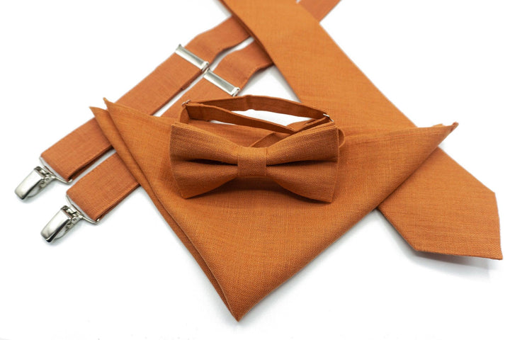 Burnt Orange Linen Bowtie, Tie and Pocket Square Set for Groomsmen