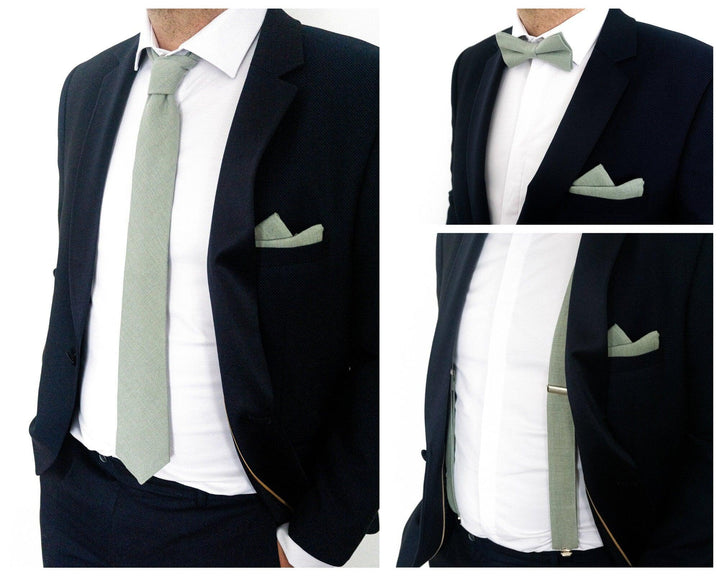 Dusty Light Sage Green Groomsmen Wedding Necktie with Matching Pocket Square