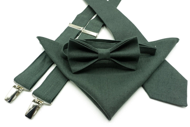 Forest Green Linen Bow Tie Set for Men