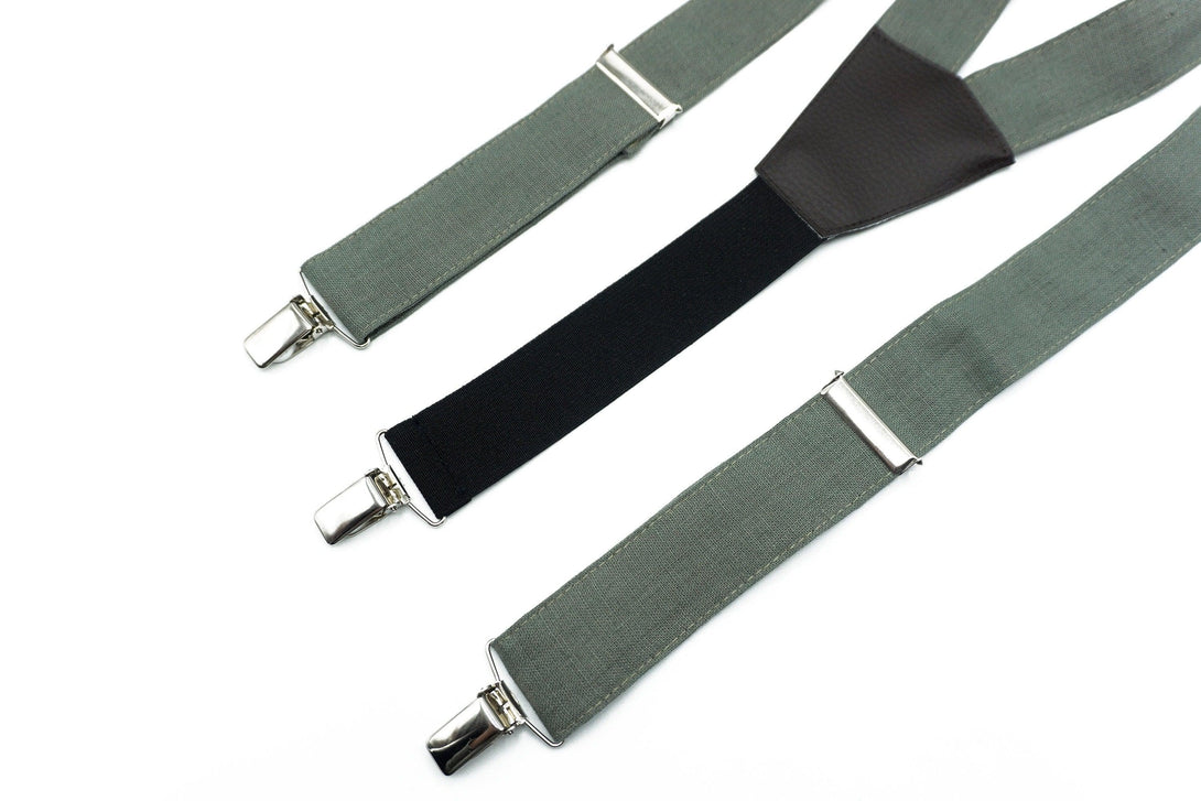 Sage Green Suspenders & Bow Tie Set - Linen & Faux Leather for Weddings