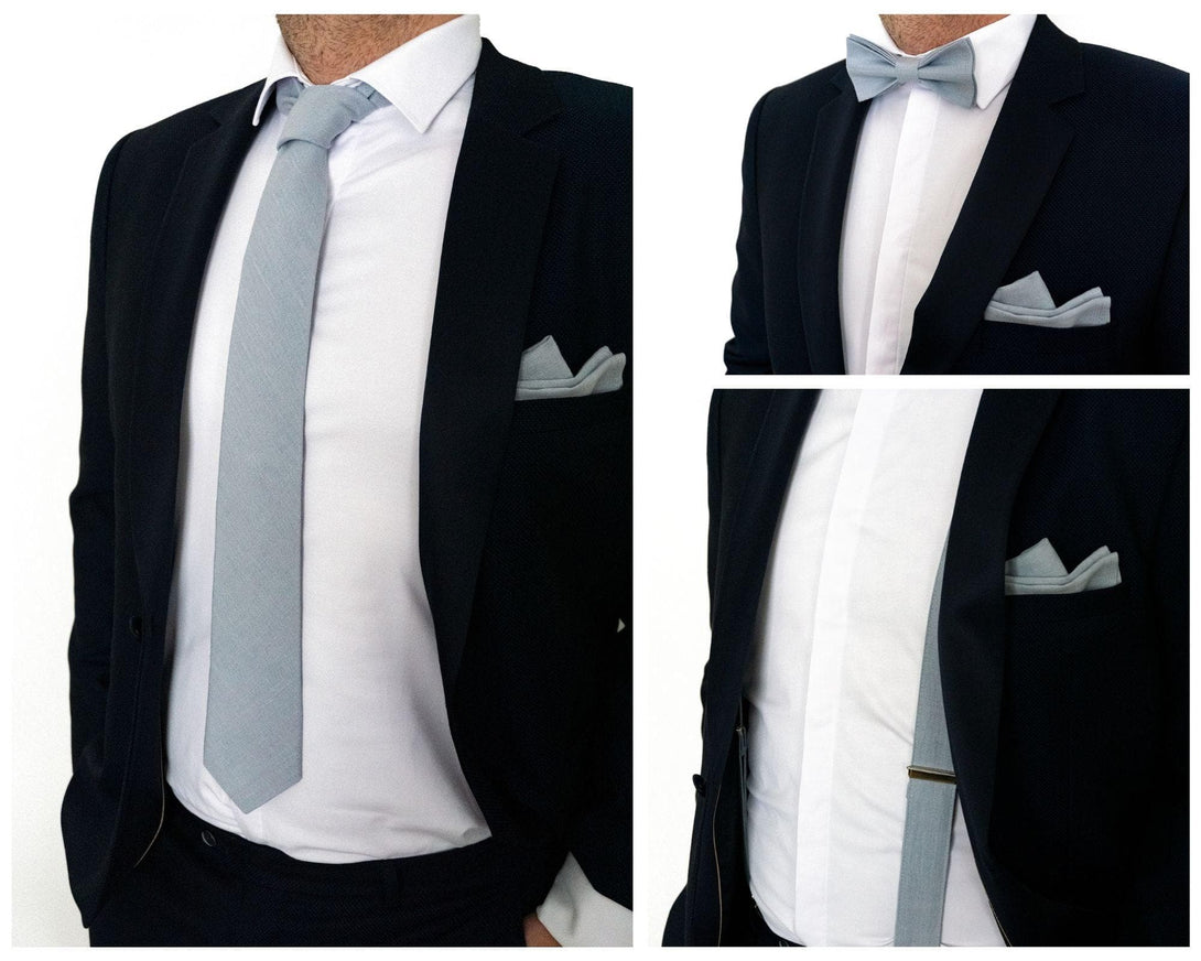 Dusty Blue Bow Tie, Suspenders, Necktie, and Pocket Square Set