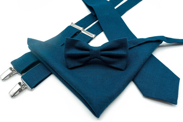 Marine Blue Tie Set with Bow Tie, Pocket Square, and Suspenders