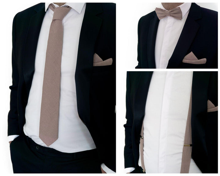 Taupe Beige Pocket Square and Suspenders Set for Men