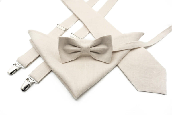 Ivory Linen Cream Bow Tie, Necktie, Suspender & Handkerchief Set for Men and Boys - Perfect for Weddings and Special Occasions