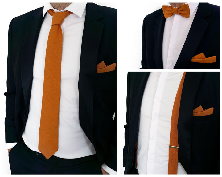 Burnt Orange Linen Bow Tie Set for Rustic Wedding Groomsmen