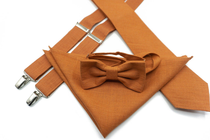 Premium Burnt Orange Men's Tie, Bowtie and Pocket Square Set for Formal Occasions