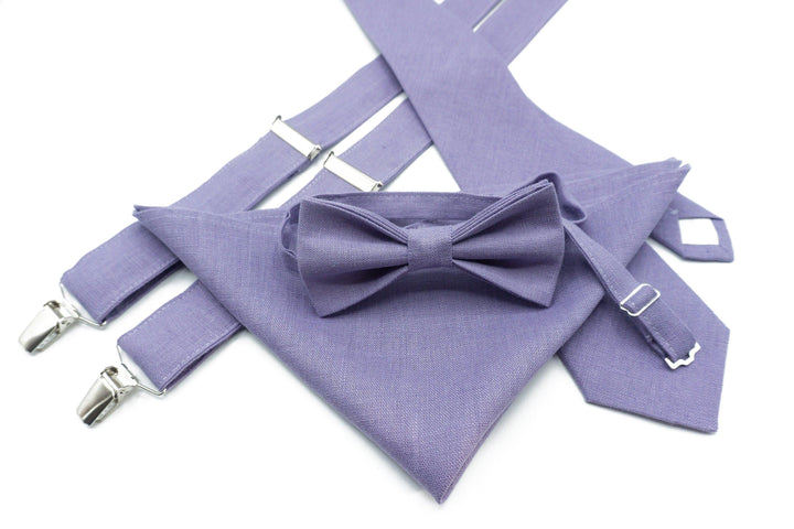 Complete Your Wedding Attire with Our Linen Lavender Bow Tie and Suspender Set - Perfect for Groomsmen, Kids, and Toddler Boys!