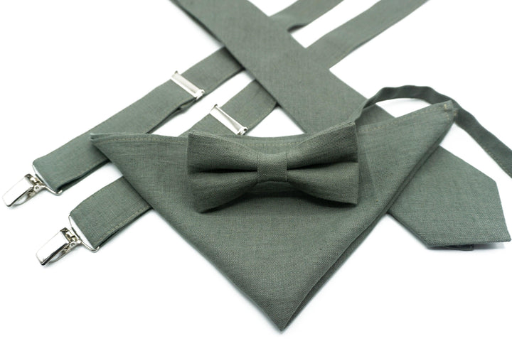 Sage Green Suspenders & Bow Tie Set - Linen & Faux Leather for Weddings