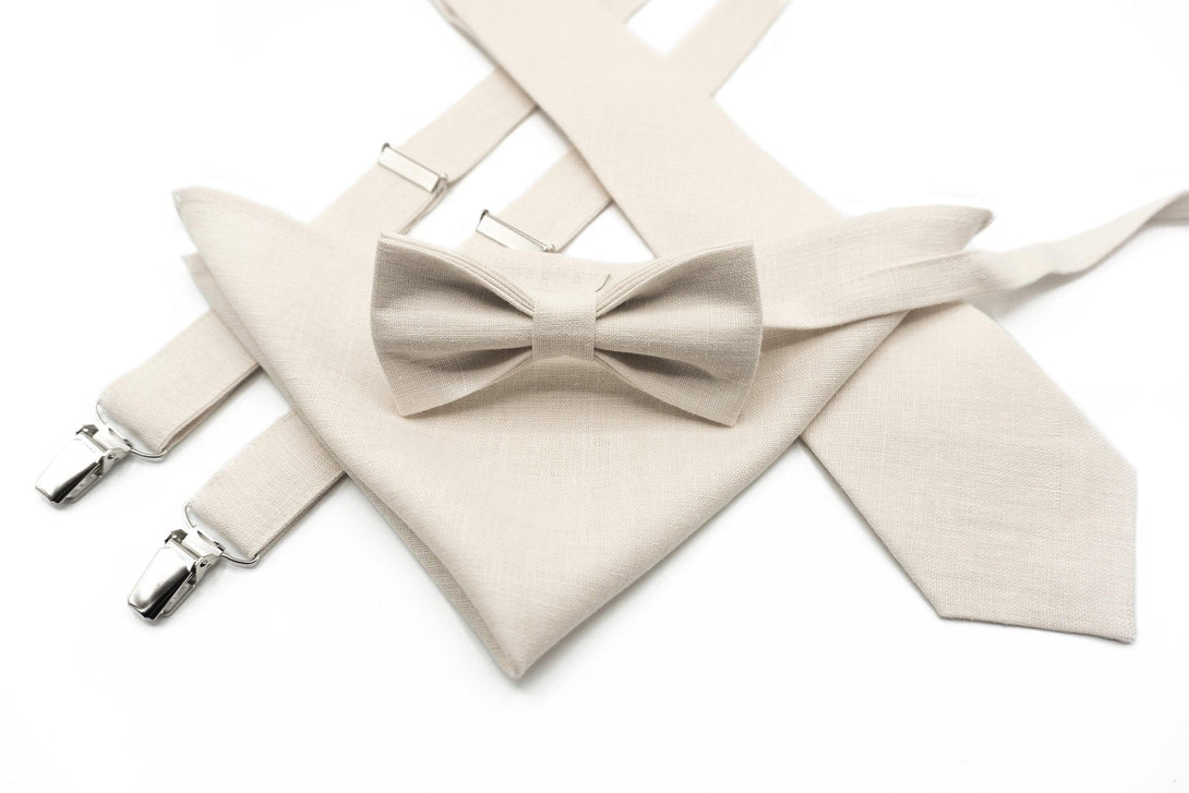 Ivory Bow Tie Set with Wedding Suspenders - Perfect for Boys Baptism, Ring Bearer, Christening, and More